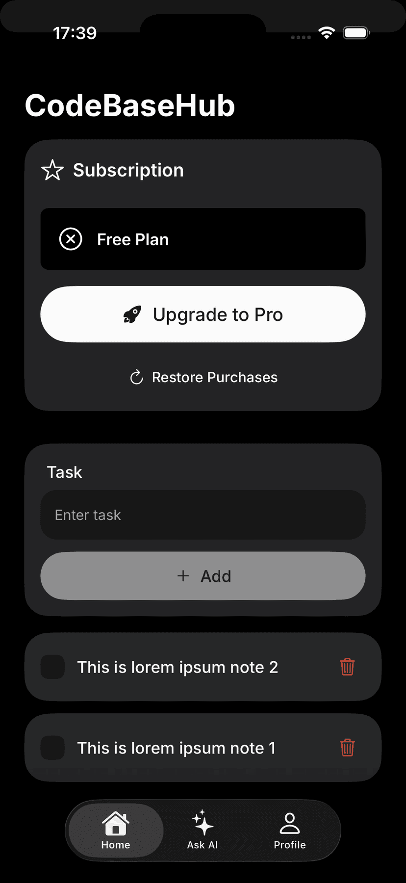 Home screen โ dark mode