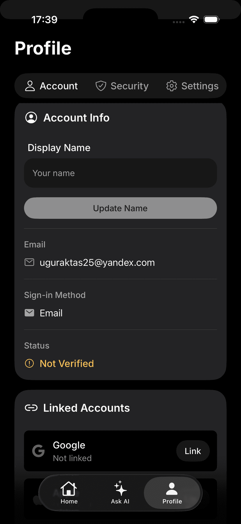 Profile screen โ dark mode