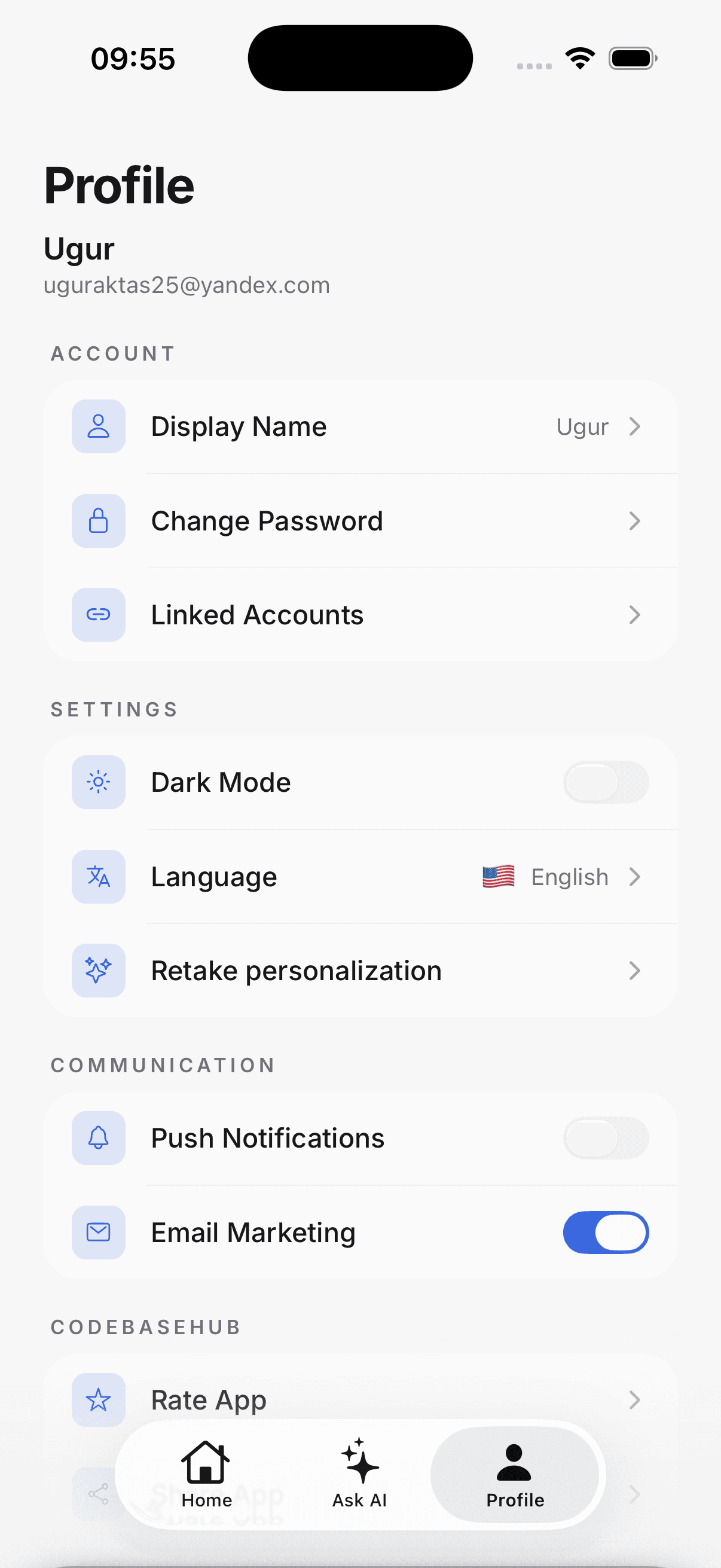 Starter Kit profile screen with account, theme and notification settings