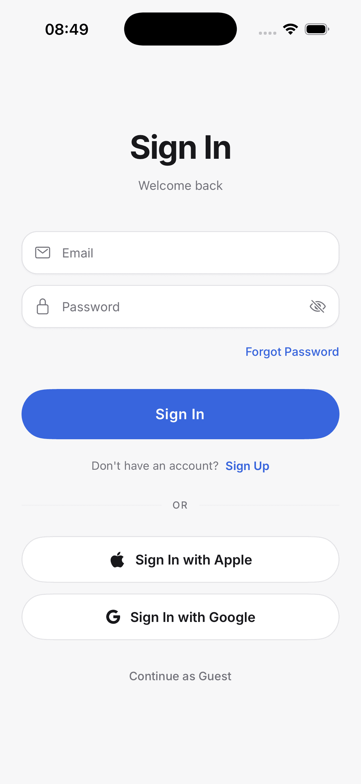 Starter Kit sign-in screen with Apple, Google and guest sign-in