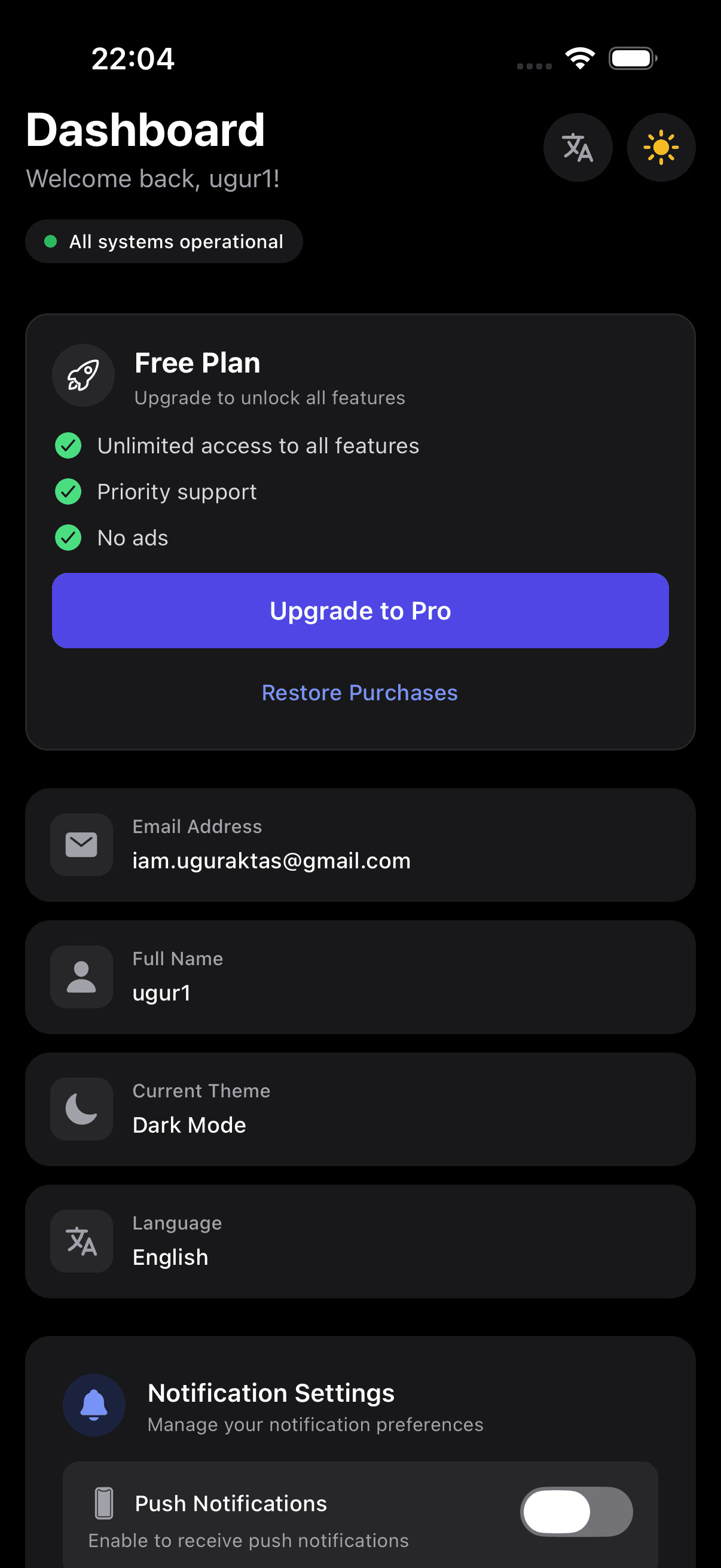 Mobile App Dashboard Screen - Dark Mode