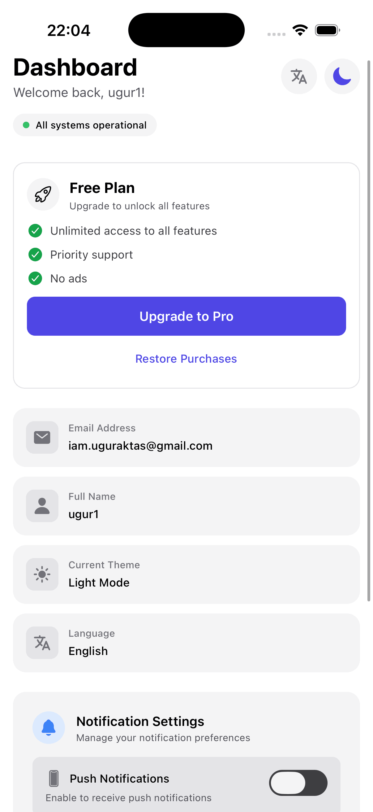Mobile App Dashboard Screen - Light Mode